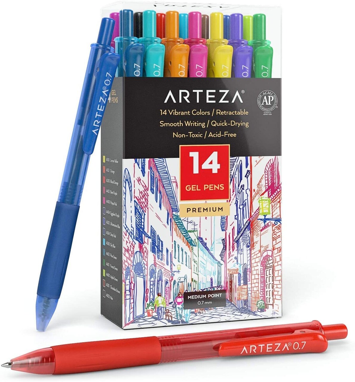Arteza Retractable Gel Ink Colored Pens Set, Bright Colors - Doodle, Draw,  Journal - 14 Pack